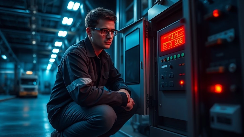 A technician crouches in front of an open electrical cabinet examining a fault code displayed on a drives control panel A technician crouches in front of an open electrical cabinet examining a fault code displayed on a drives control panel